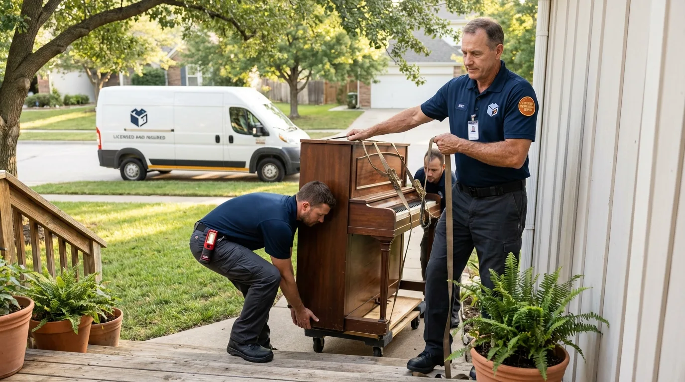 Licensed piano movers securing grand piano in Vincennes, IN