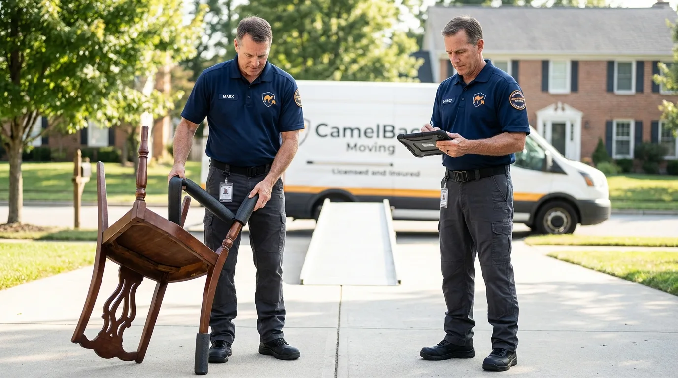 Movers inspecting furniture for damage prevention before loading in Vincennes, IN
